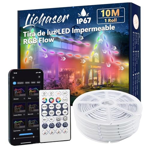 Lichaser Tira LED Exterior Impermeable DIY IP67 RGB+IC, Seguimiento, Segmentación de Tiras LED con Aplicación BT y Control Remoto RF Para uso en Exteriores (10m)