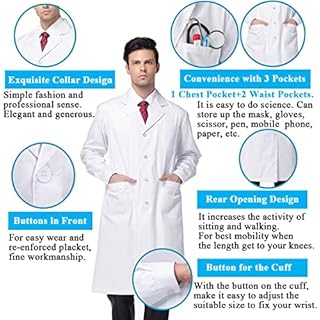 CoatCool Camice da Laboratorio, Bianco Donna Uomo Cotone Unisex Maniche Lunghe Camice Medico Camici da Laboratorio Chimico per Studente Scuola Infermiera Cosplay Lavoro Abbigliamento,S