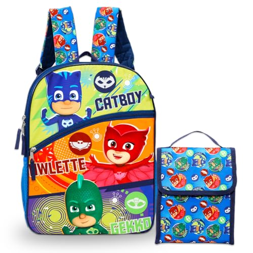 Disney PJ Masks School Backpack with Lunch Box for Kids - 5 Pc Bundle with 16" Backpack, Cinch Bag, Lunch Bag, Pencil Holder, Stickers, More | PJ Masks School Bag Set2