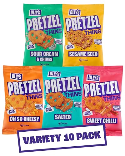 Olly's Pretzel Thins, paquete variado, 35 g (paquete de 10), 2 salados, 2 multisemillas, 2 cremas agrias, 2 chiles dulces, 2 bocadillos con queso, bajos en calorías, bajo en grasa, fuente de fibra,