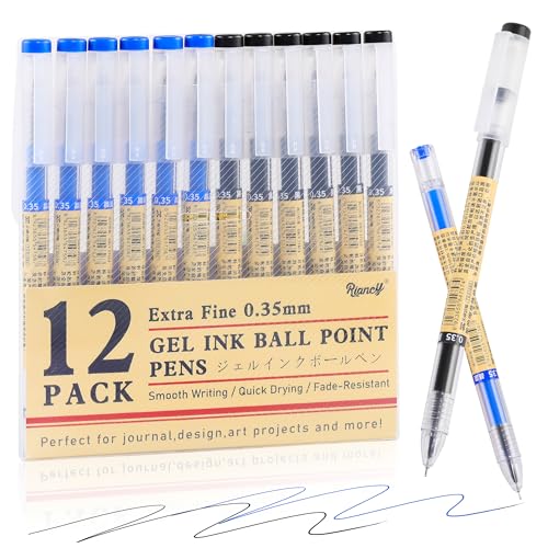 RIANCY 12 Pack Gel Ink Pens (6 Black + 6 Blue), 0.35mm Extra Fine Point Tip, Japanese Style Stationery Quick Dry No Smear No Bleed, Smooth Writing Pen for Journaling Note Taking Office School Supplies