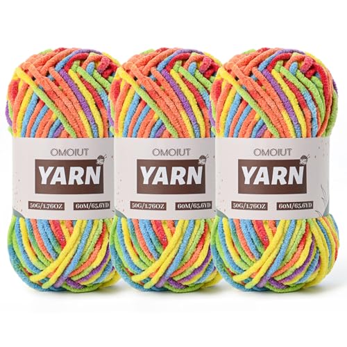 Image of 3 Packs Plush Chenille Chunky Crochet Yarn - Baby Yarn for Crocheting Soft - Velvet Yarns Knitting for Blankets Crafts - Fluffy Amigurumi Yarns 150g / 196.8yds (3 Rainbow)