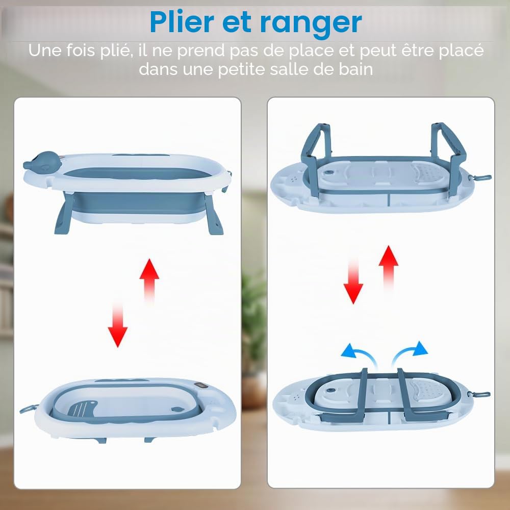 MUL-BOUTIQU Baignoire Bébé Pliable XXL avec Support, Thermomètre et Coussin - Baignoire Bebe Sur Pied - Idéal Pour Cadeau De Naissance Fille Ou Garçon (bleu)