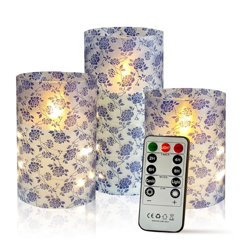 Image of Flickering Flameless Candles Vintage Blue Floral Print, Embedded Star String Lights, Battery Operated Acrylic LED Pillar Candles with 11-Key Remote and Timer for Home Decoration, 3 Pack