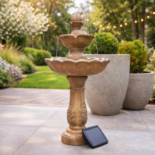 Festive Lights - 98cm Solar & Battery Water Feature Fountain – Outdoor Garden Fountain with Remote Control, 3-Tier Cascading Design, Bronze Effect, Weather Resistant, No Mains Required