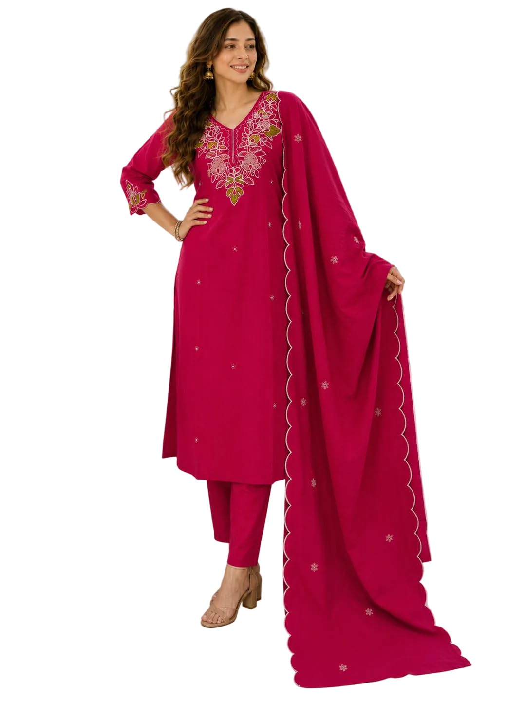 berrylicious Women Pink Cotton Embroidered Kurta with pant & Dupatta-picture-25