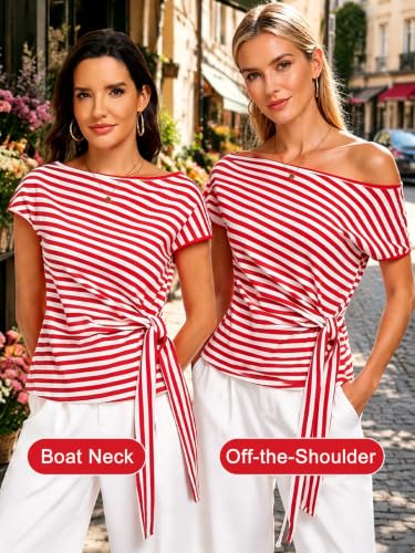 Image of HOTIAN Womens Cap Sleeve T Shirts 2026 Tie Waist Wrap Tops Crew Neck Blouses Dressy Casual Loose Work Business Dressy