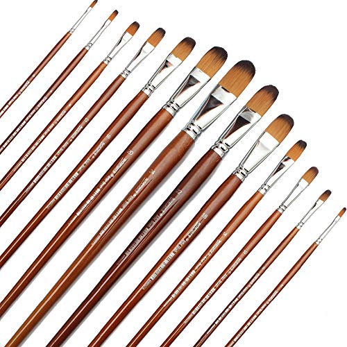 Image of Chrome Long Handle Synthetic Filbert Tip Artist Paint Brushes - 13 Piece Set