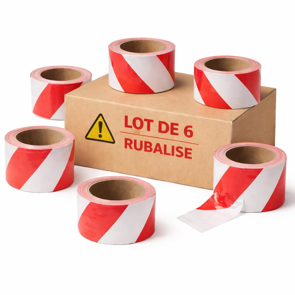 Générique Ruban rouge et blanc Rubalise | Kit de 6 Rouleaux Balisage et Signalisation [50 mm x 100 m X 6 - PE-HD 30 µ] -Sécurité & Délimitation Chantiers et Zones Dangereuses (6)