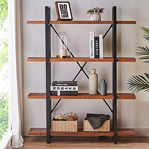 Hsh Natural Real Wood Bookshelf, 4 Tier Rustic Vintage Industrial Etagere Bookcase, Open Metal Farmhouse Solid Wooden Book Shelf, Distressed Brown #TOP6
