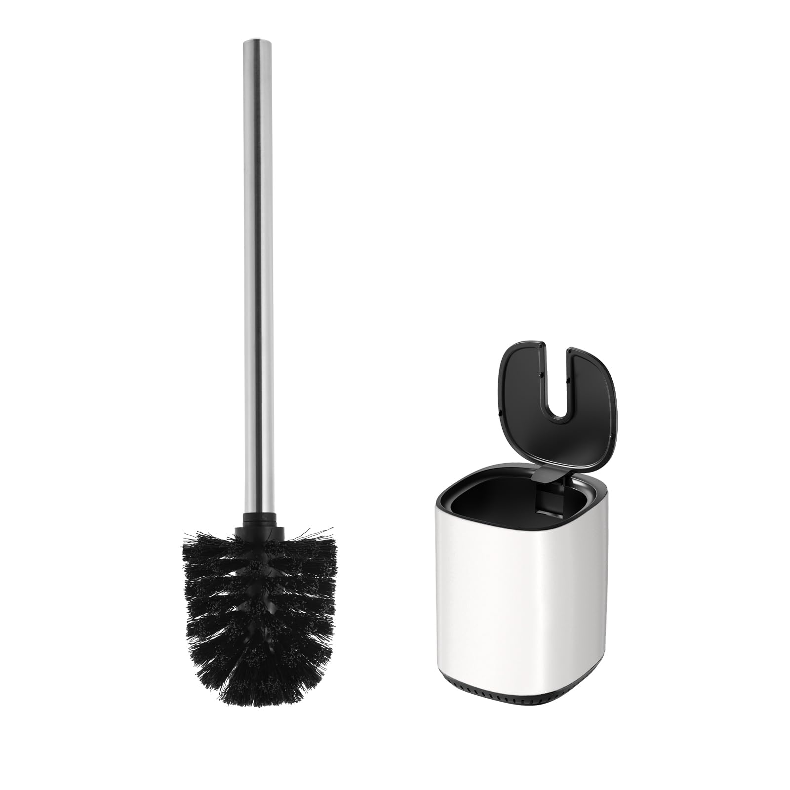 Sleek Toilet Brush Holder Set Toilet Bowl Brush Stainless Steel Automatic Open lid Toilet Bowl Cleaner Brush with Durable Bristle Head Toilet Cleaning Brush for Bathroom (1, white)