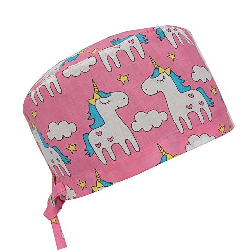 Scrub Cap Hat Unisex Animal Print Uniform Unicorn (Pink)