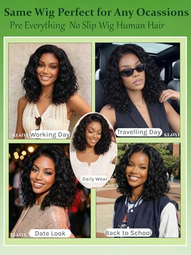 Image of KLAIYI Bye Bye Slip Bob Water Wave Precut 6x4Lace Front Wigs Human Hair 220%Density Side Part Drawstring Curly Glueless Pre Plucked Bleached Knots 3S Ready to Wear and Go Wig Beginner Friendly 14Inch