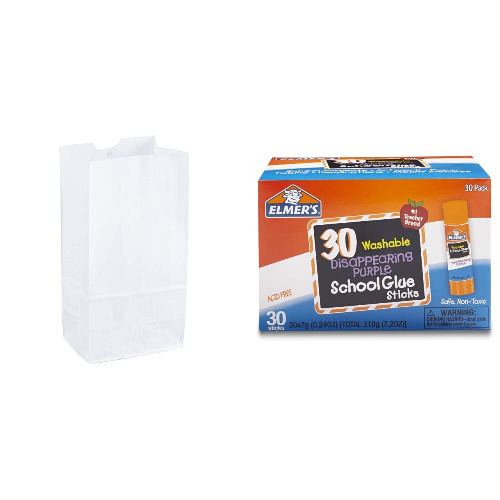 Duro - COMIN18JU053514 Grocery/Lunch Bag, Kraft Paper, 4 lb Capacity (100-Count) (White) & Elmer's Disappearing Purple School Glue Sticks, Washable, 7 Grams, 30-Count