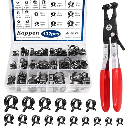 Eoppen 132Pcs 6-25mm Spring Hose Clamps Assortment Kit with Swivel Flat Band Fuel Hose Clamp Plier - 16 Sizes Fuel Line Silicone Vacuum Hose Low Pressure Air Clamps
