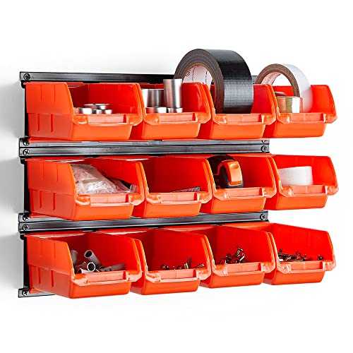 VonHaus Garage and Van Storage Solution - Wall Mount Bin Storage 12 Pc Storage Bins with 3 Adjustable Backplates, Great Bolt, Nuts, Tool or Screw Organiser for Workshop