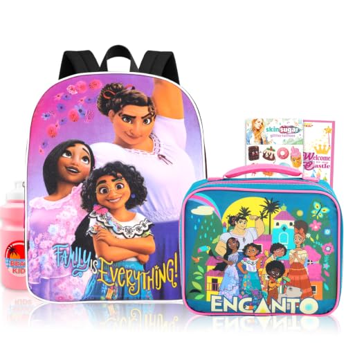 Encanto Conjunto de mochila e lancheira para meninas – Pacote com mochila de 38 cm, lancheira, garrafa de água, tatuagens temporárias, mais, Mochila Encanto, 11 inches, Encanto Mochila Encanto