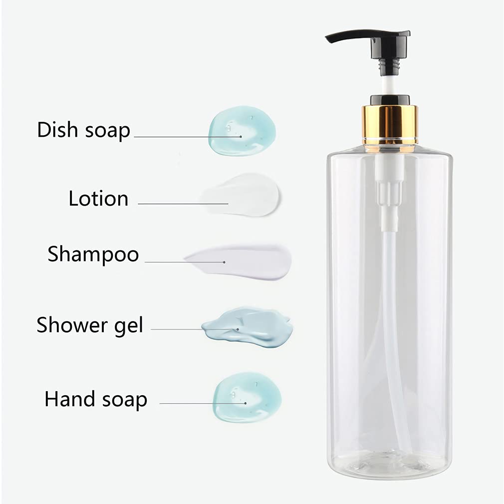Confezione da 8, flaconi Vuoti da 500 ml con Pompa erogatrice, flaconi in plastica Pet Bianca, flaconi per lozione Oro/Nero, flaconi Bili per Shampoo e Olio per Il Corpo (Trasparenti)