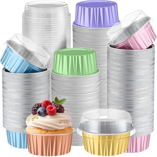 Gandeer 200 Pack Aluminum Cupcake Liners with Lids,Macaron,Plain