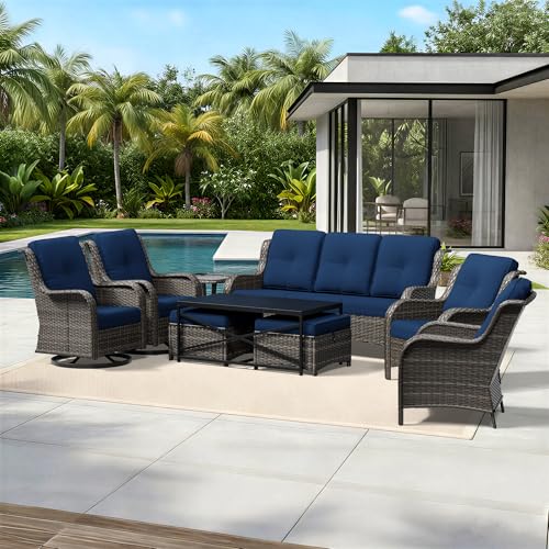 Image of Joyside 9 Piece Wicker Patio Furniture Set, Outdoor Swivel Rocker Patio Chairs with High Back, Deep Seating, Wide Armrest, Thickened Cushions, Outdoor Furniture for Deck, Porch Use