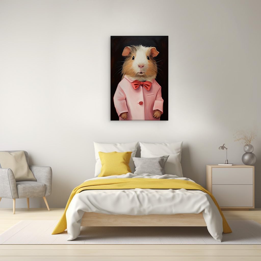Canvas for Living Room. Elegance Personified: A Dapper Guinea Pig's Portrait Against Stark Black Canvas, 27 x 18 inch Canvas Wall Art - Modern Home Decor