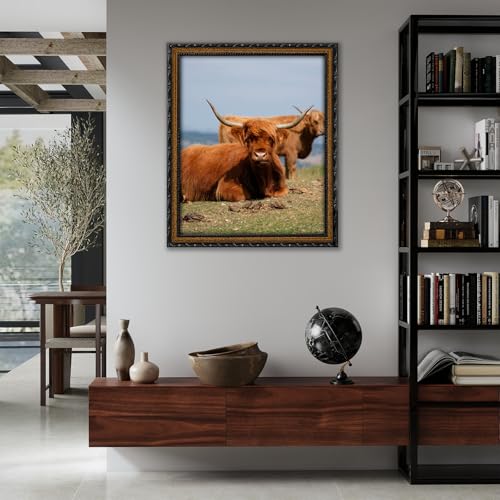 Image of 16x20 Black Frame with Mat Wood Vintage Ornate Picture Frame | Real Glass, Matted 11x14 or 16 x 20 Photos, Easy Photo Changes, Wall Hanging