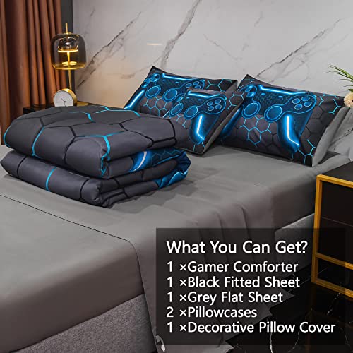 Keyroal 6Pcs Game Console Comforter Set With Sheets For Boys Girls Kids Teens, Geometric Gaming Themed Bed In A Bag Full Size, Blue 3D Video Gamer Controller Bedroom Decor Bedding Set #TOP3