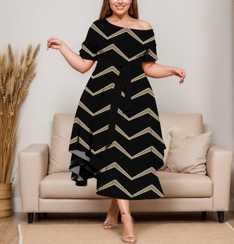 Image of Plus Size Women Wedding Guest Dress Off Shoulder Boat Neck Irregularly Flowy Midi Church Dress