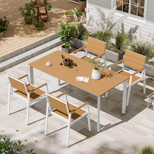 Image of Patio Table and Chairs Set, 5 Piece Outdoor Dining Set with Umbrella Hole, HDPS + Aluminum Patio Furniture Set for Garden (White & Teak)