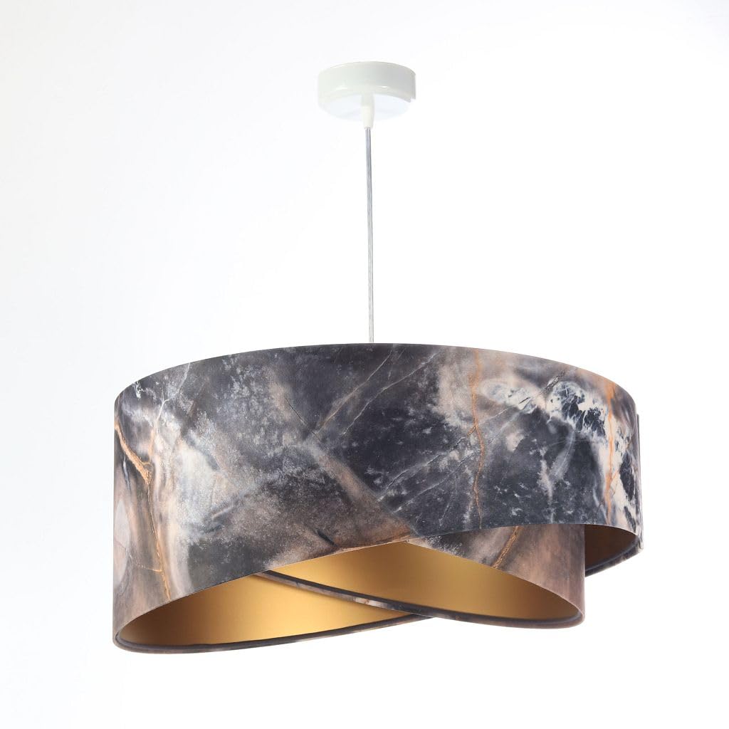 Licht-Erlebnisse Hängeleuchte E27 rund Ø 50 cm in Grau marmoriert Gold Doppelschirm Stoff Velours Optik Modern Pendelleuchte Wohnzimmer Hängelampe Esszimmer