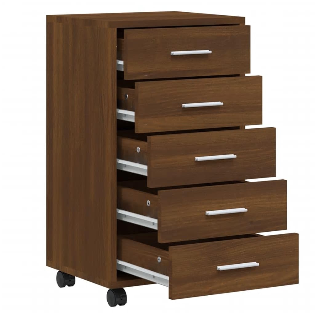Cómoda con ruedas en aspecto de roble marrón, 33 x 38 x 63 cm, material de madera con 5 cajones y 4 ruedas, armario de oficina flexible, práctico armario de almacenamiento para oficina