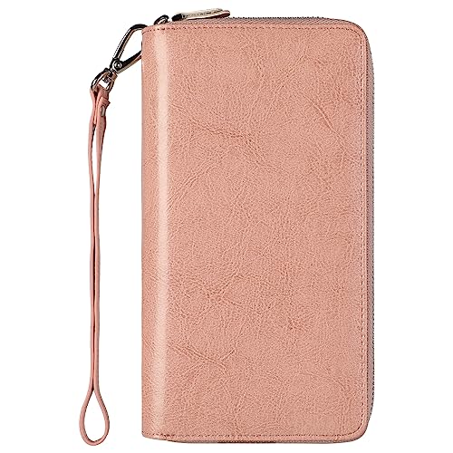 Lavemi Women's 100% Leather Double Zipper Large Capacity RFID Blocking Phone Holder Clutch Travel Purse with Wristlet Strap(Double Zipper Dark Pink)