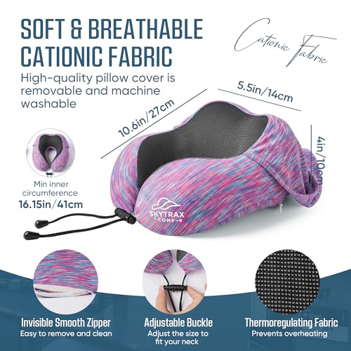 Image of SkytraxComf Travel Neck Pillow with Hood for Privacy on Long Flights | Memory Foam | Airplane Sleep | Safety-Tested Materials | Extra Large Hood | Chin Support | Earplugs | Washable Cover