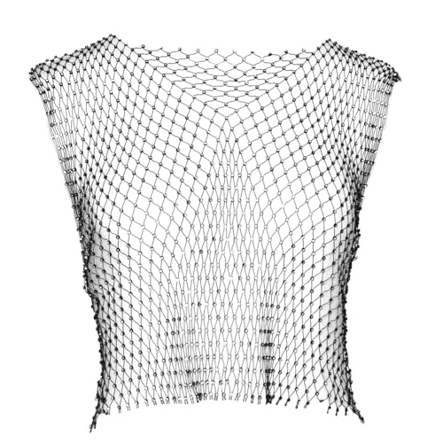 Mesh Crop Top Fishnet Sleeveless Cloth Top Rhinestone Body Chain Tank Top, Black, L