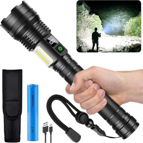 (-30%) ASORT Wiederaufladbare Taschenlampe 990.000 Lumen, Extrem Hell USB Aufladbar Taktische Taschenlampen, Zoombar, IP67 Wasserdicht 10 Lichtmodi für Home, Outdoor, Notfälle, Patrol, Camping(Mit Akku)