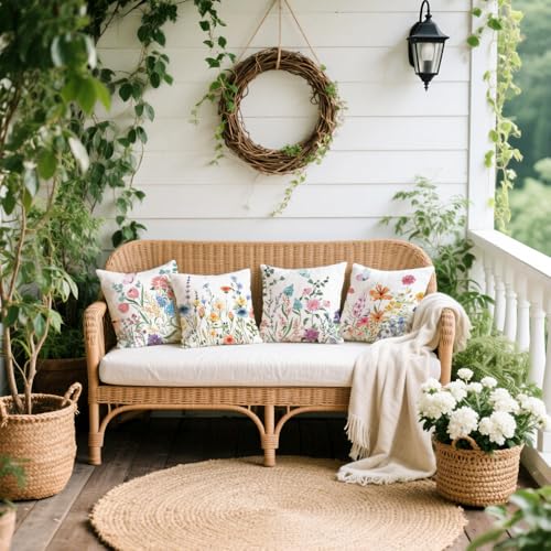 Cirzone Outdoor Kissen Dekorative 4 er Kissenbezug Frühling 45 x 45 cm Gartenkissen Bunte Blumen und Schmetterlinge Kissenbezug Werden für Heim Sofak Garten