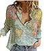 Bluse Leinen Langarmshirt Damen Hemd Weltkarten-Grafik Oberteile Knopf V-Ausschnitt Lose Casual Langarm T-Shirt Top Tunika Elegant Langarmshirt Herbst Basic Hemd Shirt Teen Madchen Blusen Longsleeve