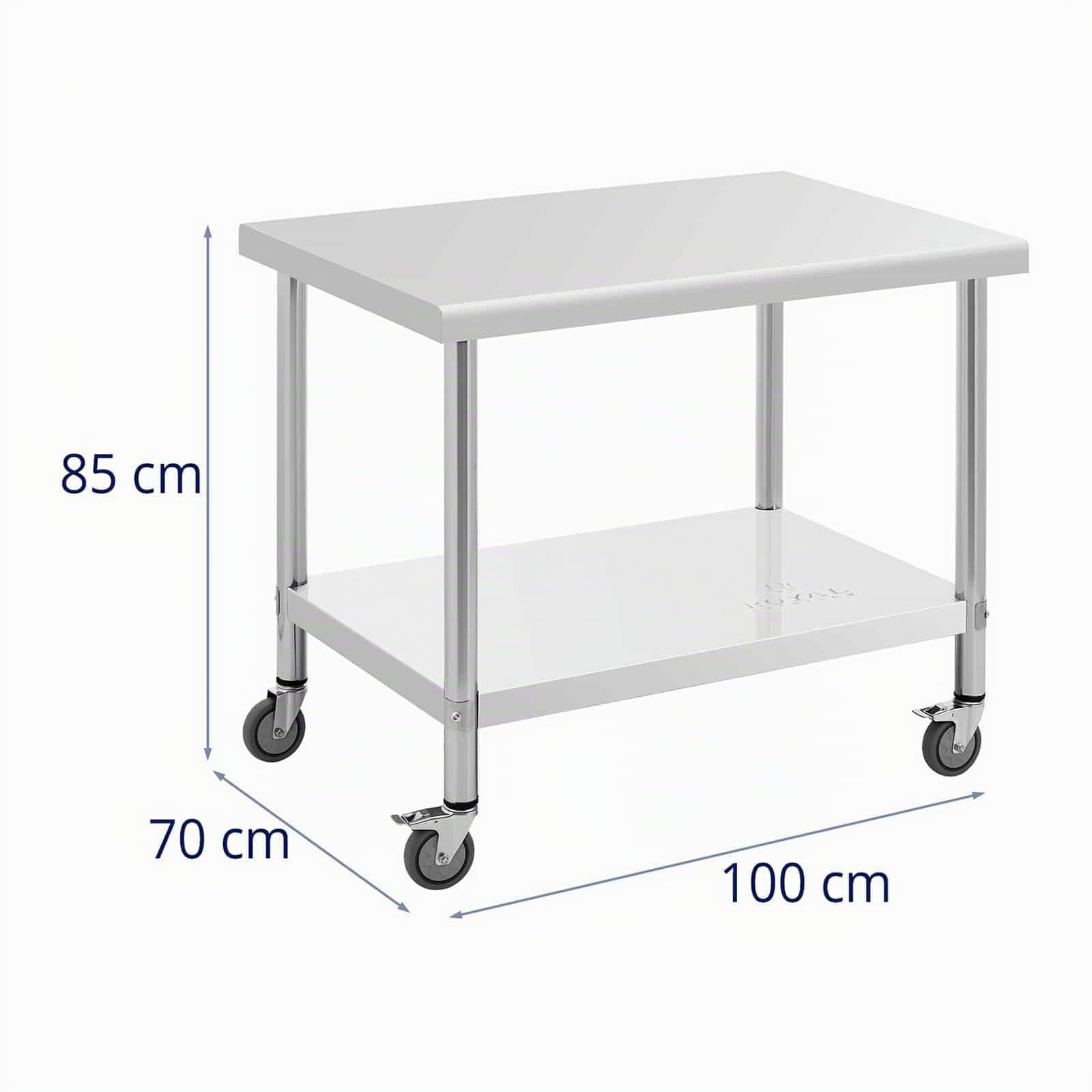 Royal Catering Mesa de Trabajo de Acero Inoxidable con Ruedas, 70 x 100 cm, Capacidad de Carga de 155 kg