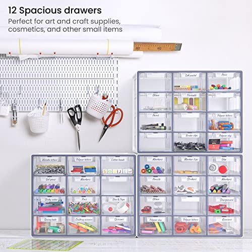 Image of Arteza 12 Drawer Organizer and Storage Cabinet - Clear Plastic, Stackable Drawers for Makeup, Crafts, Sewing, Office Supplies, Small Parts & Tools