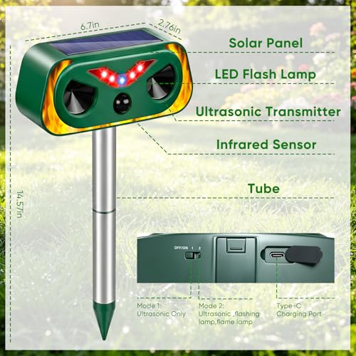 Image of 4-Pack Solar Powered Ultrasonic Animal Repeller Outdoor | Waterproof Deer Cat Dog Squirrel Raccoon Rabbit Deterrent with Motion Sensor & Flashing Light for Yard Garden Lawn Farm