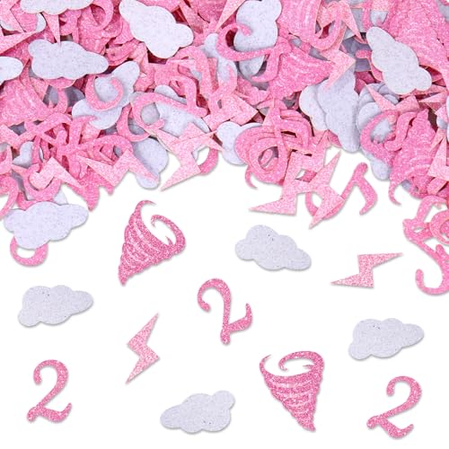 Image of Whaline 300 Pcs Pink Two Nado Table Confetti 2nd Birthday Party Confetti White Cloud Tornado Lightning Number 2 Table Centerpieces for 2 Years Old Birthday Supplies