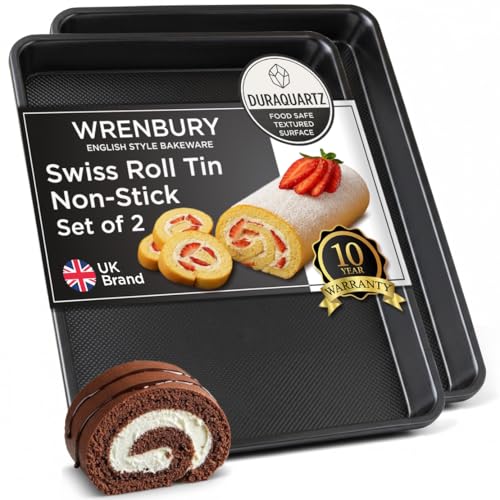 Wrenbury Swiss Roll Tin Set of 2 - Carbon Steel DuraQuartz Non-Stick Baking Tray for Roulade and Sponge - Large 39 x 27cm Oven Tray