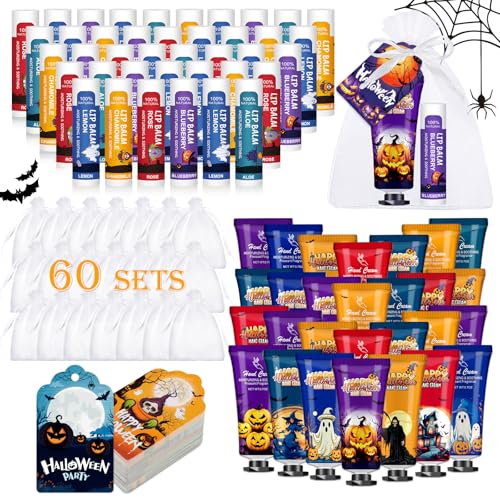 60 Pack Halloween Hand Cream and Lip Balm Set for Women Bulk Hand Lotion for Halloween Gifts Halloween Party Favors Party Supplies Decorations Goodie Bags with Halloween Card and Organza Bags