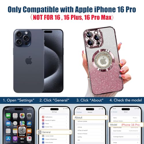 Image of Misscase for iPhone 16 Pro Magnetic Glitter Case Compatible with MagSafe,Full Protection Slim Shockproof Anti-Scratch Case with Camera Lens Protector Logo View Dust-Proof Net for Women Pink
