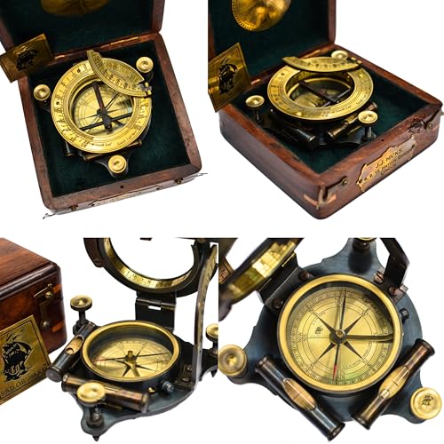 Brass Sundial Compass - Antique Sailing Anniversary Sundial Calibrated Compass Gift, Sundial Clock with Wooden Box and Chart, Unique Vintage Sundial Compass Gift for Him or Her