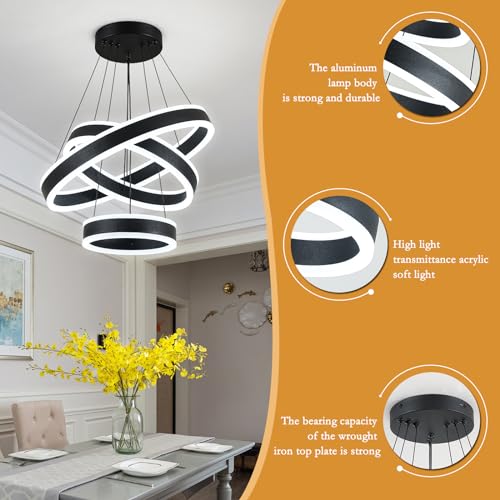 O'NEELDY Modern LED Chandeliers Adjustable Hanging Black Pendant Light Fixture 3 Ring Flush Mount Chandeliers for Bedroom,Kitchen,Island Cafe - Image 5