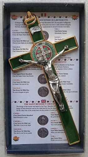 GTBITALY 10.004.21 VERT croix crucifix or doré saint béni 20 cm émaillé à la main avec boîte cadeau et prière prêtre exorcisme exorcisme