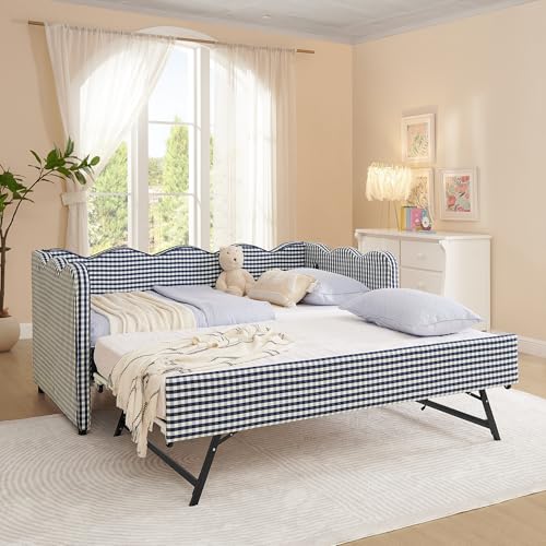 Image of KEIKI Twin Size Upholstery Daybed with Trundle and USB, Twin to King Design Adorable Wave Shaped Extendable Linen Sofa Bed, Easy Assembly, No Box Spring Required, for Living Room and Bedroom, Navy