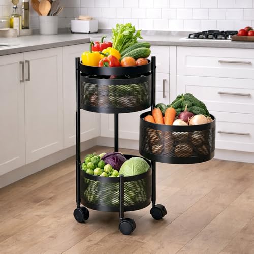 Image of RADIANT 3 Layer Multipurpose Plastic Trolley with Dish Rack for Kitchen Fruit Vegetable Storage Basket Kitchenware Food, Snacks, Toys, Tiered Shelf (Black) (Trolley Round-3 Layer)