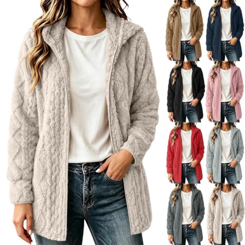 XOGWVJ Fleece Jacket Women Hooded Sherpa Zip Up Long Sleeve Textured Fuzzy Coat with Pockets Fall Winter Casual Outerwear Womens Winter Coat Beige S - image 1